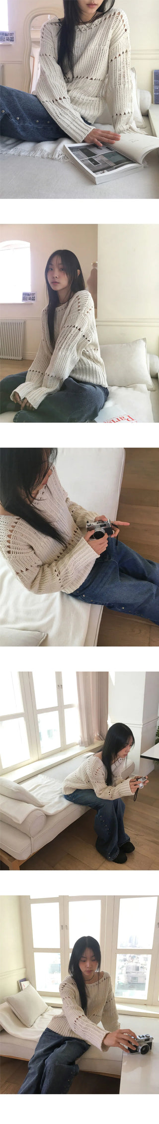 Tens Crochet Mesh Overfit Boat Neck Knitwear