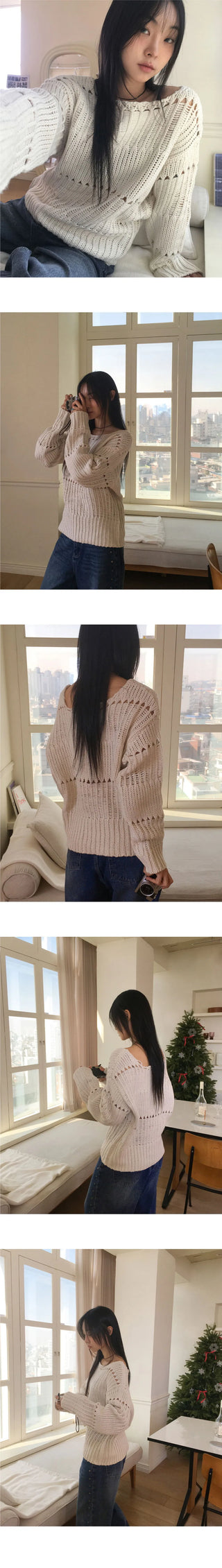 Tens Crochet Mesh Overfit Boat Neck Knitwear