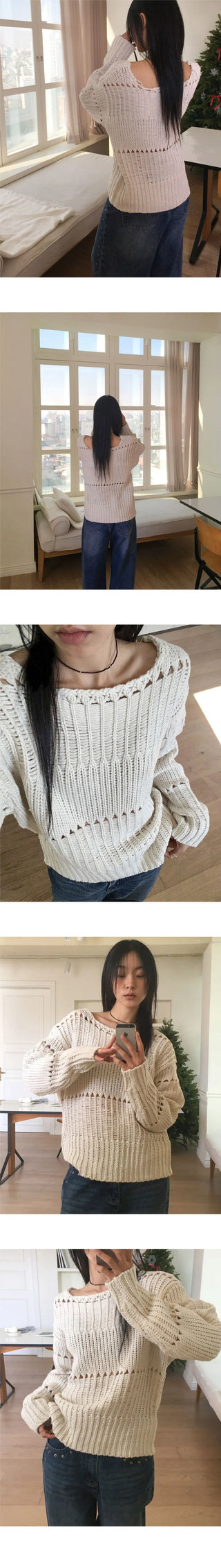 Tens Crochet Mesh Overfit Boat Neck Knitwear