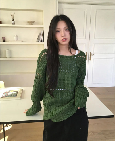 Tens Crochet Mesh Overfit Boat Neck Knitwear