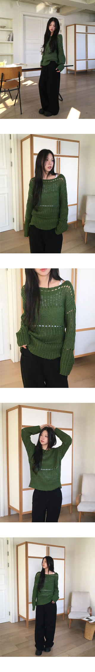 Tens Crochet Mesh Overfit Boat Neck Knitwear