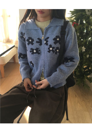 Phen Daisy Flower Cara Two Way Knitwear Zip-up