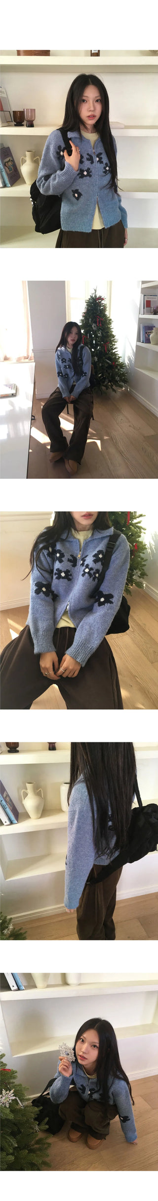 Phen Daisy Flower Cara Two Way Knitwear Zip-up