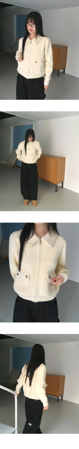 Lawson flap pocket angora fur collar zip-up