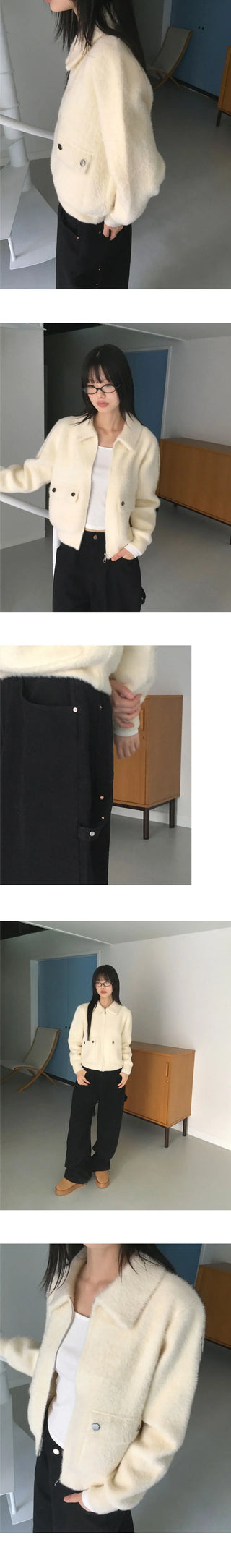 Lawson flap pocket angora fur collar zip-up