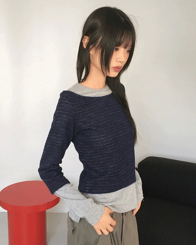 Filet outer Fleece-lined striped fleece layered long sleeve t-shirt