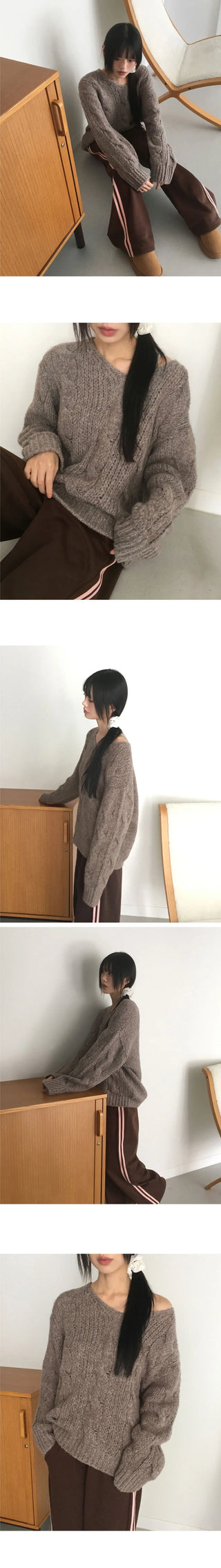Wool Twisted V-Neck Off- V-Neck Knitwear