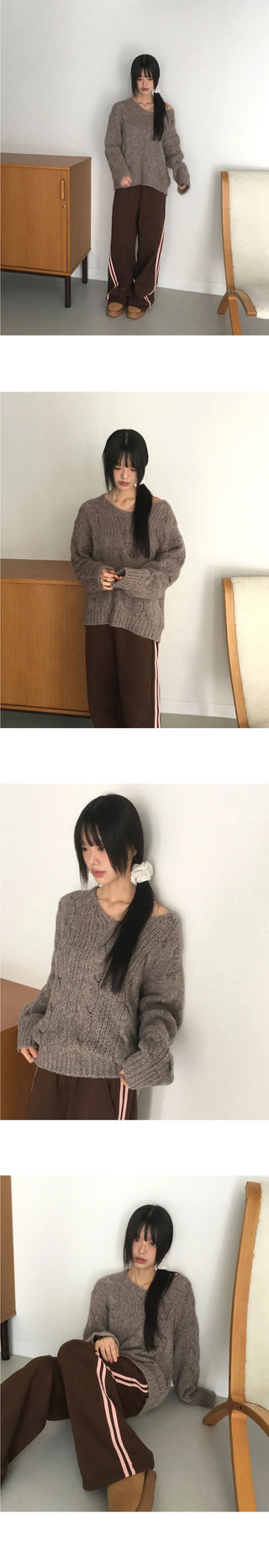 Wool Twisted V-Neck Off- V-Neck Knitwear