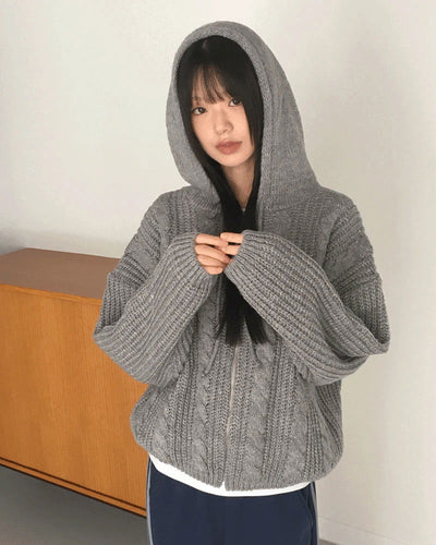 Choke Thick Wool A-line Fit Bocashi Twisted Hood Knitwear Zip-up