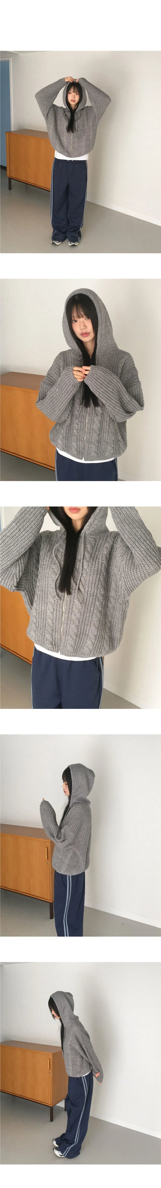 Choke Thick Wool A-line Fit Bocashi Twisted Hood Knitwear Zip-up