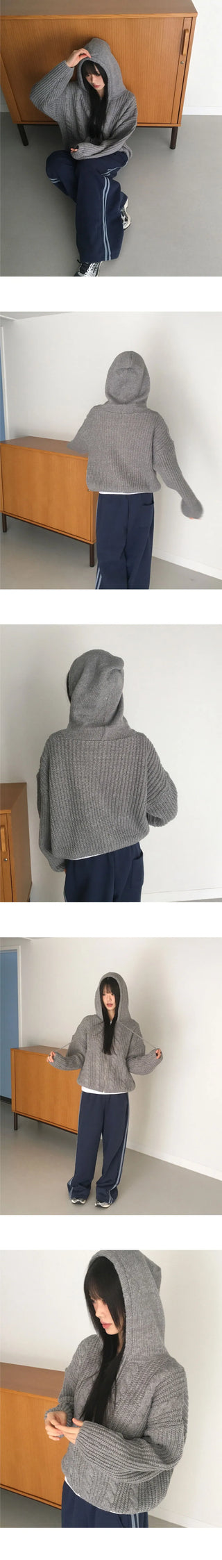 Choke Thick Wool A-line Fit Bocashi Twisted Hood Knitwear Zip-up