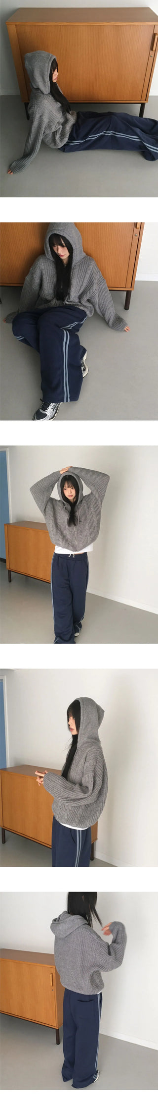 Choke Thick Wool A-line Fit Bocashi Twisted Hood Knitwear Zip-up