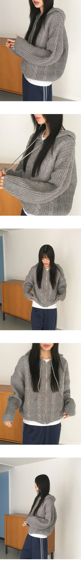 Choke Thick Wool A-line Fit Bocashi Twisted Hood Knitwear Zip-up