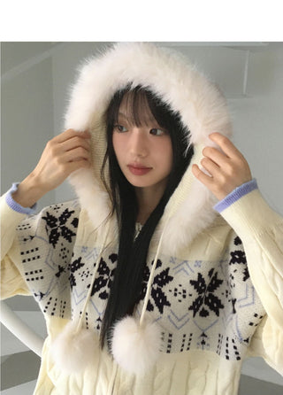 Leku Snowflake Nordic Twisted Drop Fur Knitwear Zip-up