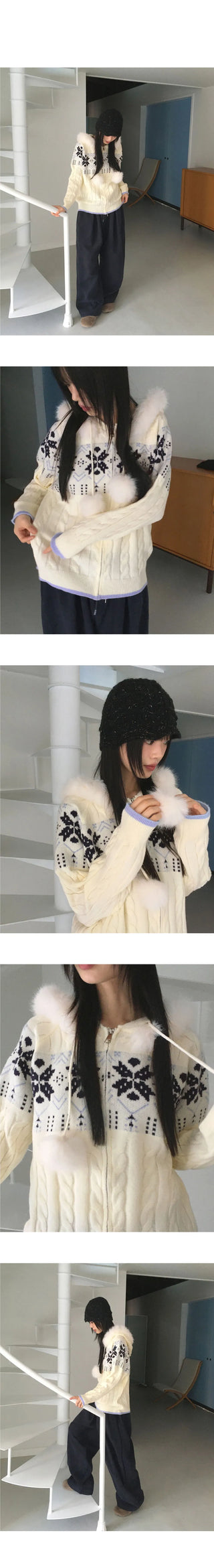 Leku Snowflake Nordic Twisted Drop Fur Knitwear Zip-up