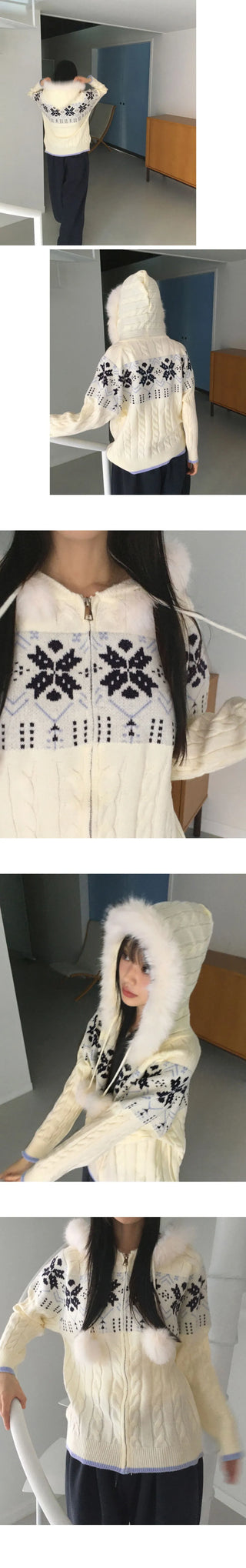 Leku Snowflake Nordic Twisted Drop Fur Knitwear Zip-up