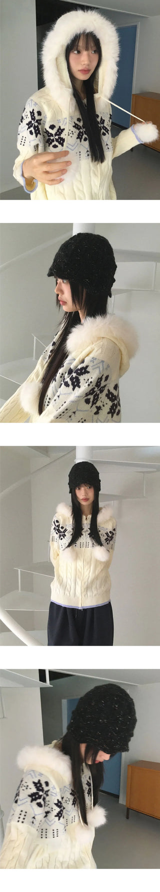 Leku Snowflake Nordic Twisted Drop Fur Knitwear Zip-up