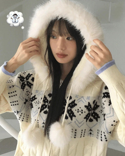 Leku Snowflake Nordic Twisted Drop Fur Knitwear Zip-up
