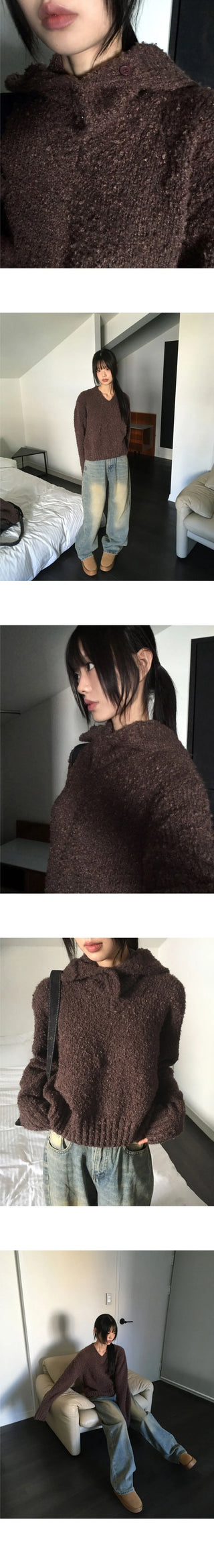Afong Balaclava Buckle V-Neck Crop Knitwear Set