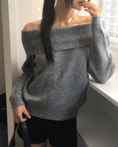 Amu Ribbed Folding Off-Shoulder Knitwear