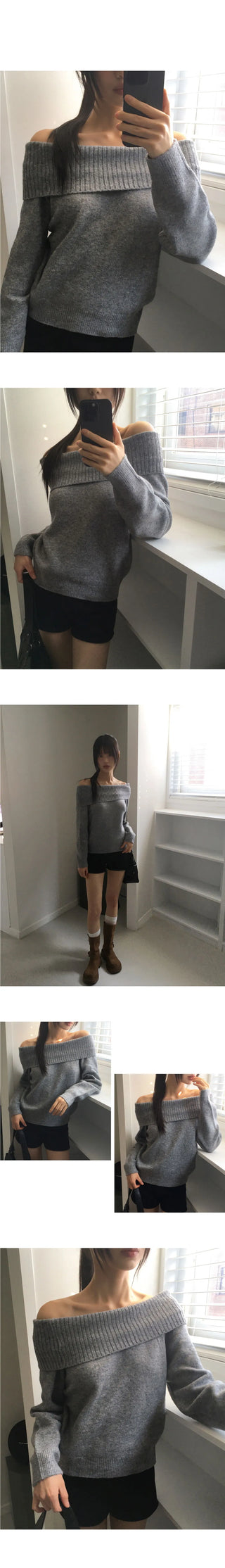 Amu Ribbed Folding Off-Shoulder Knitwear