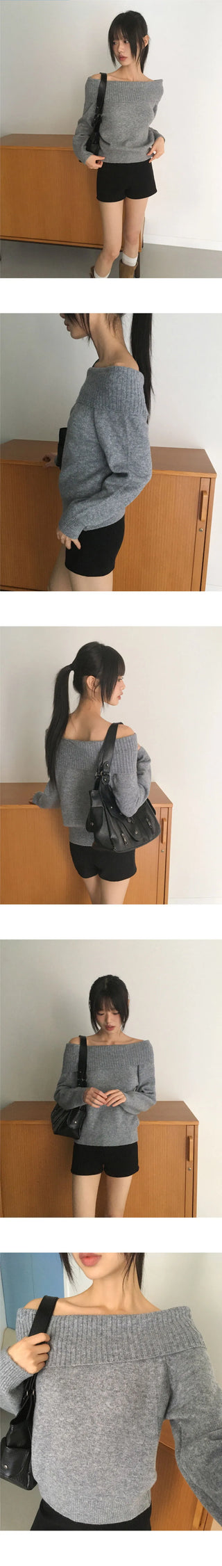 Amu Ribbed Folding Off-Shoulder Knitwear