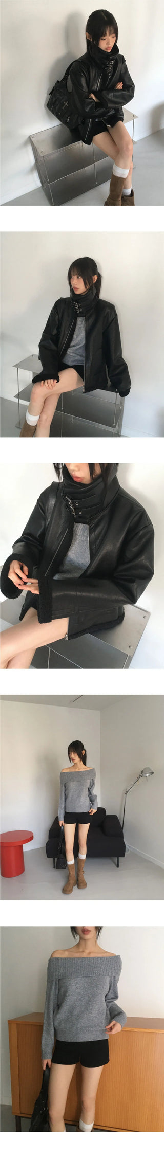 Amu Ribbed Folding Off-Shoulder Knitwear