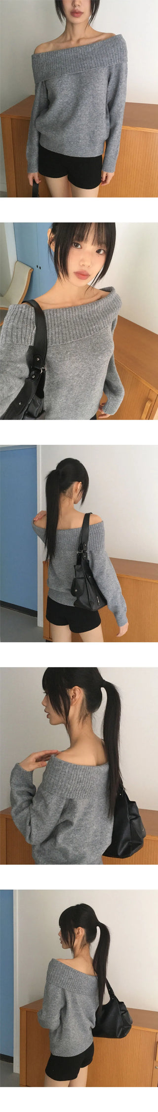 Amu Ribbed Folding Off-Shoulder Knitwear