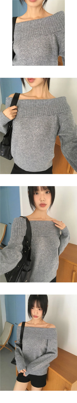 Amu Ribbed Folding Off-Shoulder Knitwear