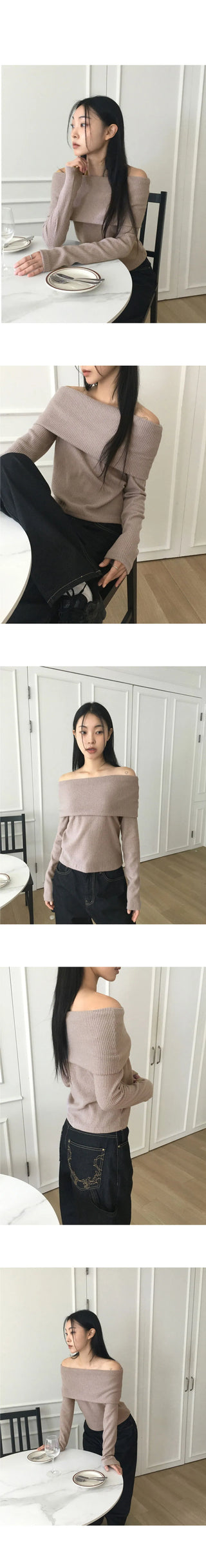 Turnji Fleece-lined Ribbed Brush Fur Off Shoulder T-Shirt