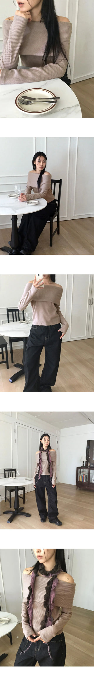 Turnji Fleece-lined Ribbed Brush Fur Off Shoulder T-Shirt
