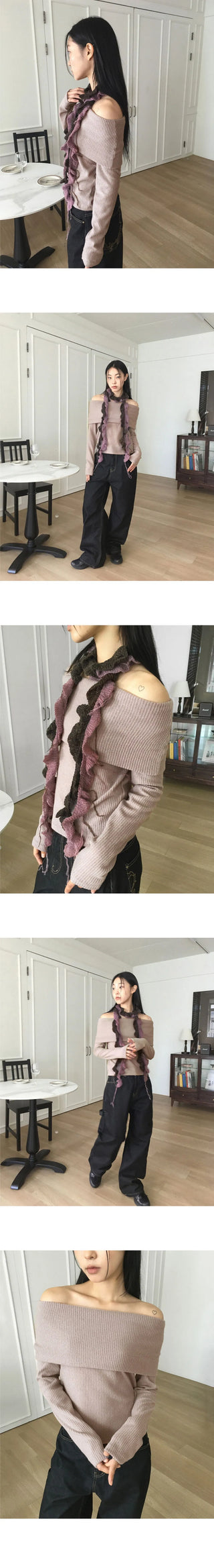 Turnji Fleece-lined Ribbed Brush Fur Off Shoulder T-Shirt