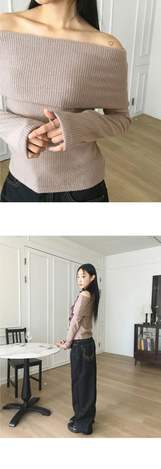 Turnji Fleece-lined Ribbed Brush Fur Off Shoulder T-Shirt