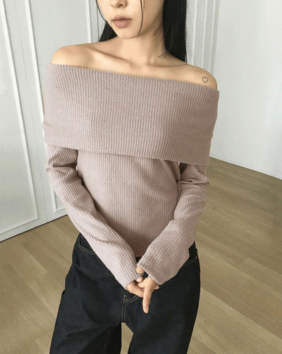 Turnji Fleece-lined Ribbed Brush Fur Off Shoulder T-Shirt