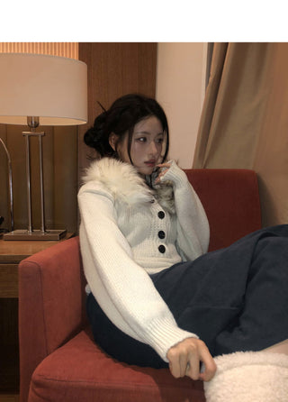 Demi Fur Slim Button Wool Hooded Knitwear