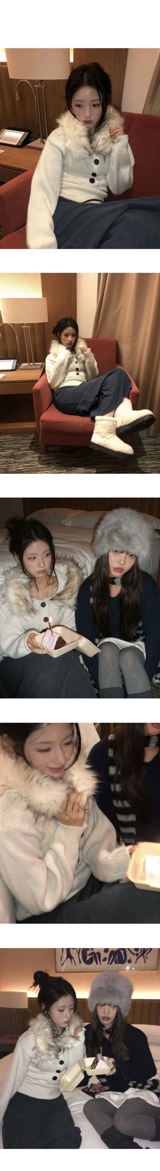 Demi Fur Slim Button Wool Hooded Knitwear