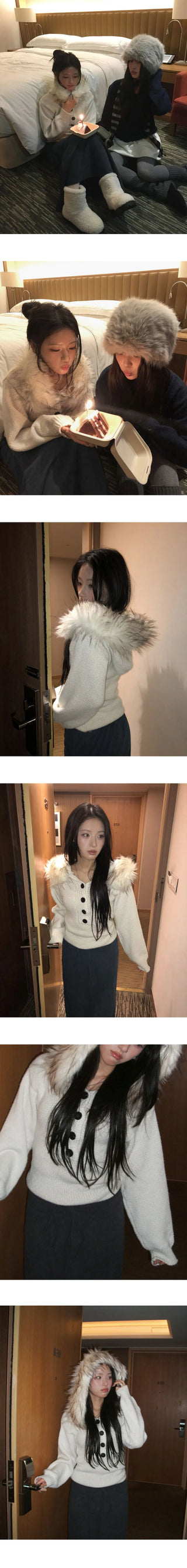 Demi Fur Slim Button Wool Hooded Knitwear