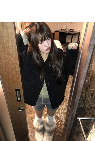 Neyoo Kara Wool Poggle Quilted Fur Half Jacket