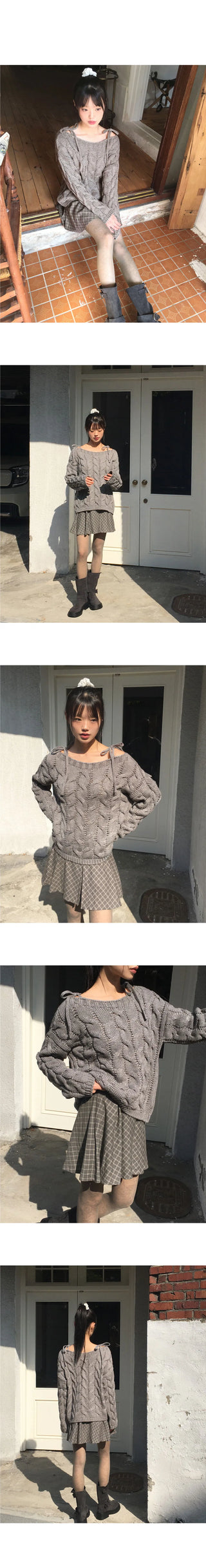 Unz Ribbon Strap Off Shoulder Loose-fit Twisted Knitwear