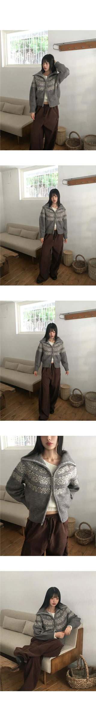 Helki Nordic Pattern Two Way Knitwear Zip-up