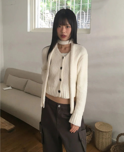 Torin Mongle V-Neck Muffler Fur Cardigan Set