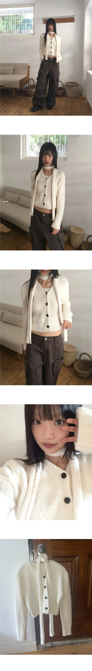 Torin Mongle V-Neck Muffler Fur Cardigan Set