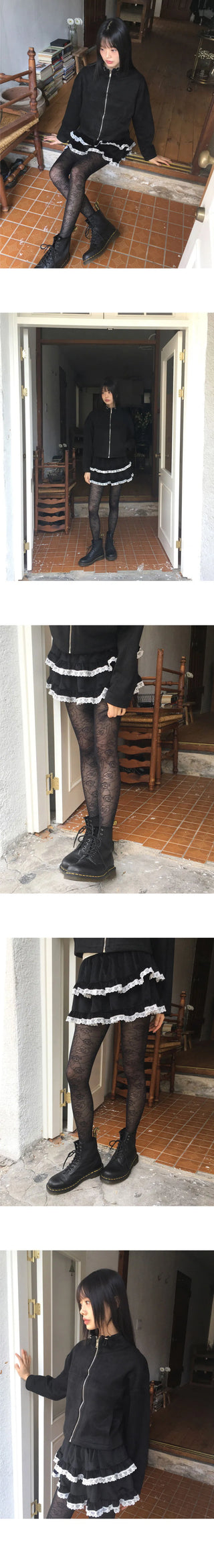 Pobo Suede Velvet Lace Cancan Mini Skirt