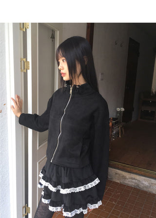 Nuen Suede Split String Zip Up Jacket