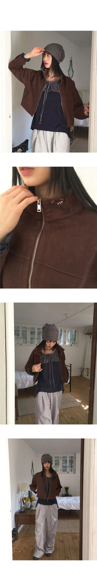 Nuen Suede Split String Zip Up Jacket