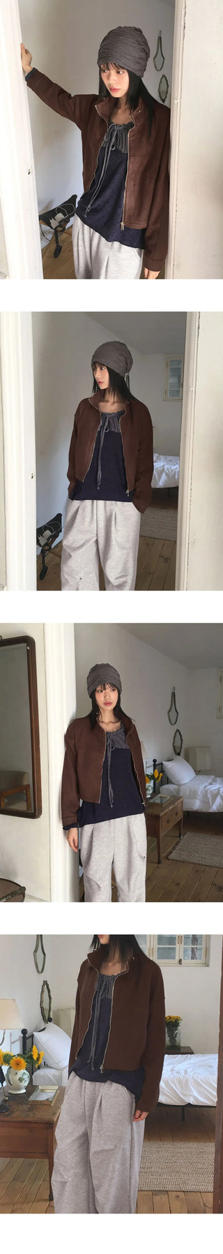 Nuen Suede Split String Zip Up Jacket