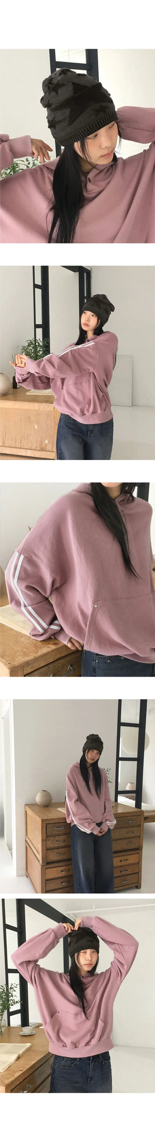 Mickle Track Colorblock Snap Rivet Overfit Hooded T-Shirt