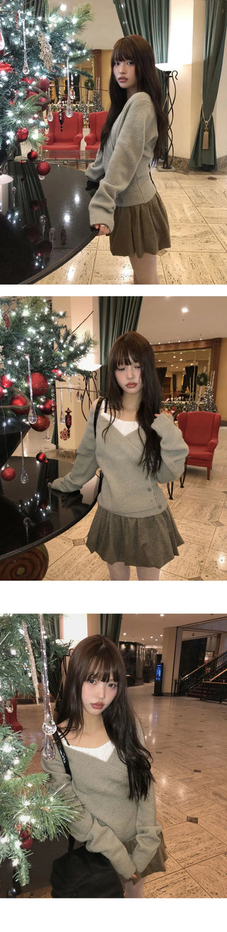 Nuon Wrap Button Wool V-Neck Knitwear