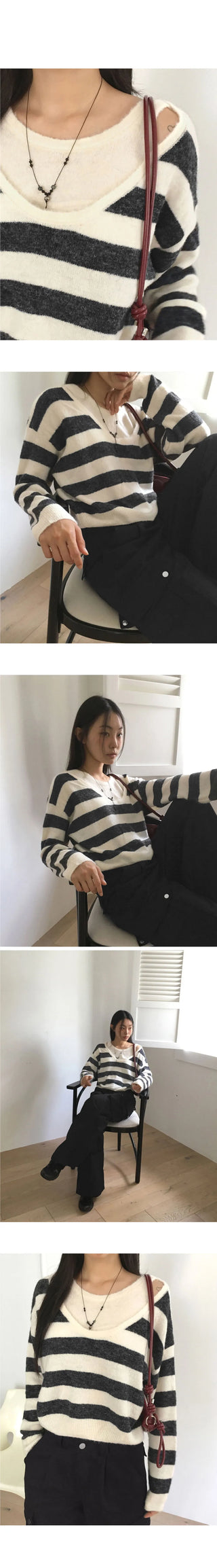 Yankee Stripe Deep U-Neck Layered Knitwear