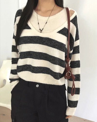 Yankee Stripe Deep U-Neck Layered Knitwear